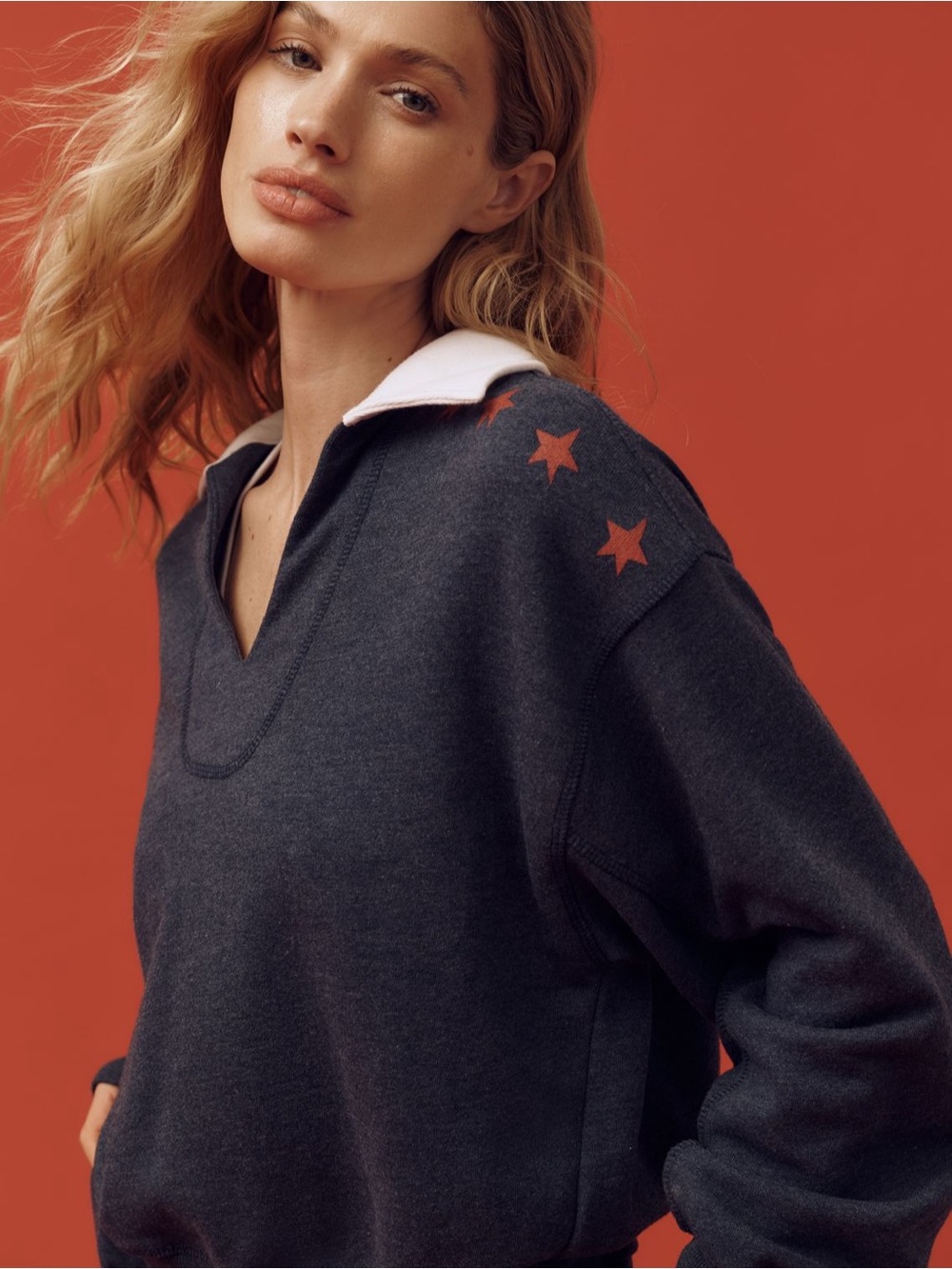 BOGO! Anthropologie Sundry Vintage Terry Popover Polo Shirt Navy Stars Small